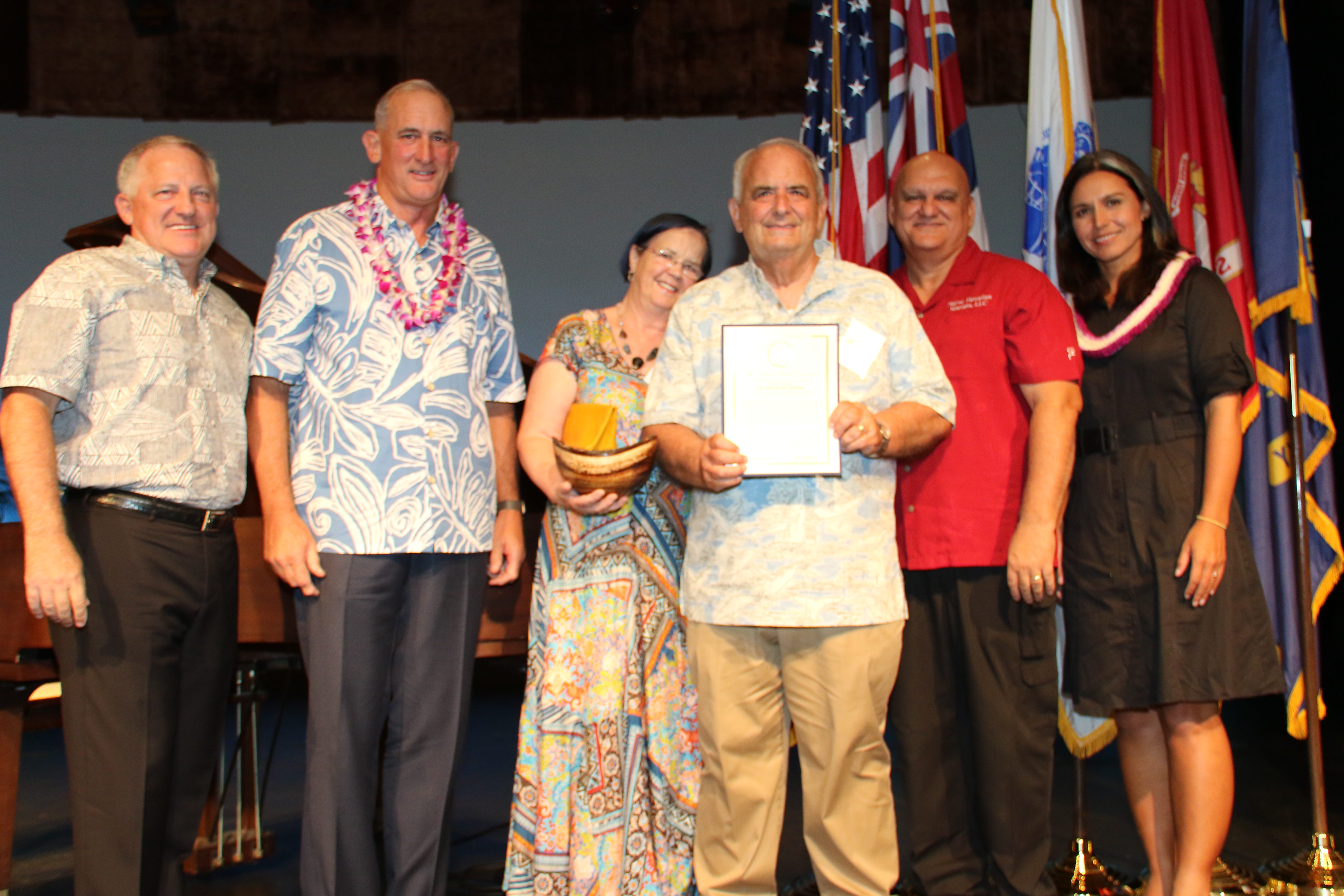 Ed and Juliet Jesson with, L -R, Matt McCarville, General Robert Brooks Brown, Ray Jardine, and Congresswoman Tulsi Gabbard.